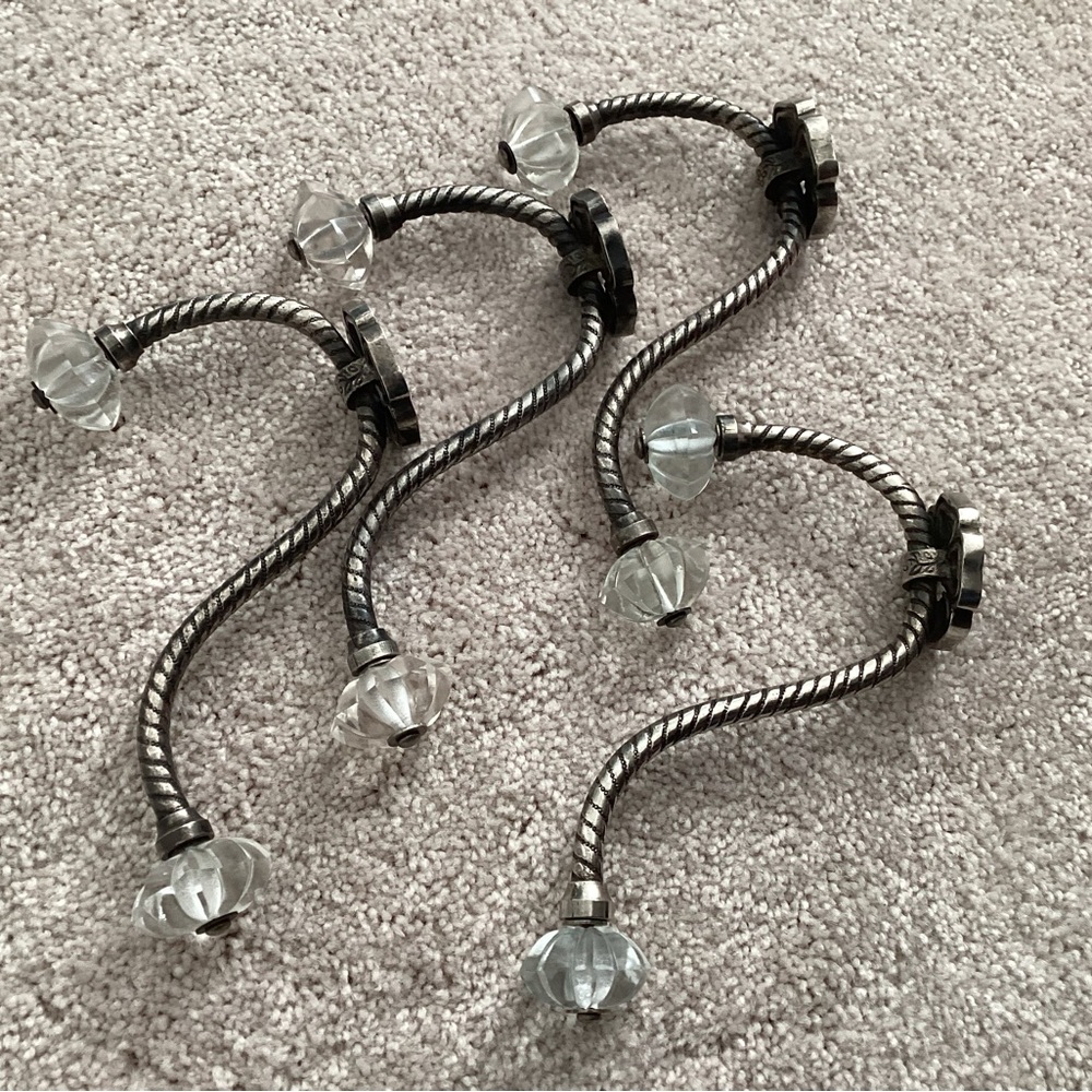 Anthropologie Silver-Tone Twisted Metal Wall Hooks with Clear Glass Knobs (3)